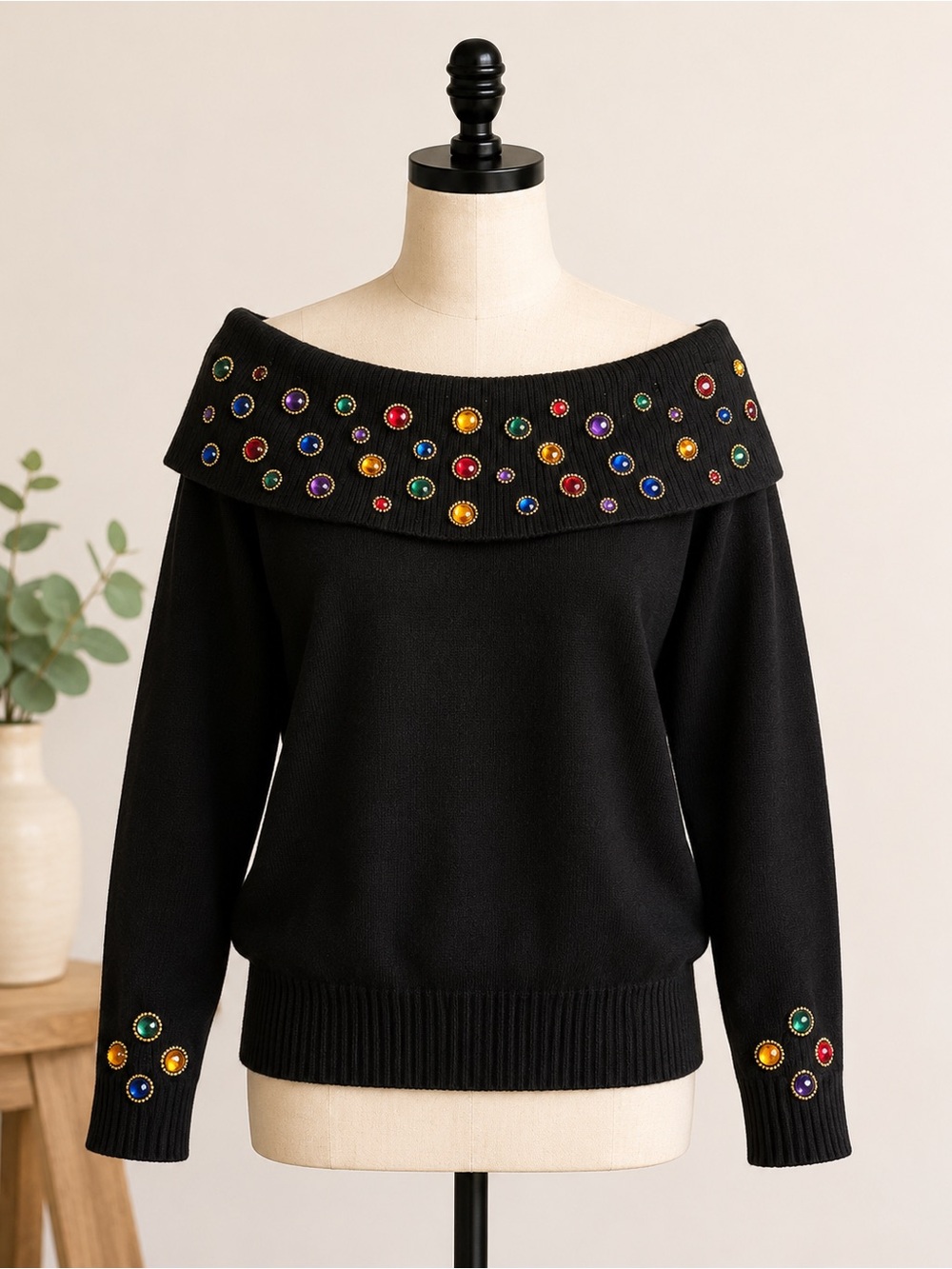 Black Off-Shoulder Sweater with Multicolor Gem Accents